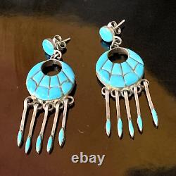 Boucles d'oreilles pendantes en argent sterling Zuni turquoise rares et anciennes Amérindiennes