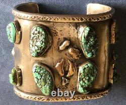 Bracelet Antique En Argent Navajo Avec Des Pépites Turquoise Et Or