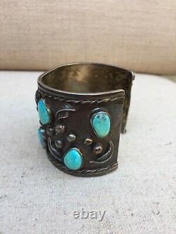 Bracelet Bracelet De Manchette Navajo Argent Sterling Et Turquoise Antique Début 1900