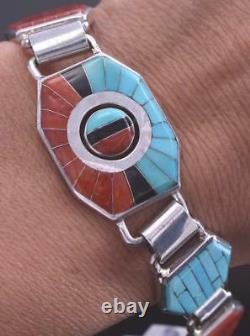 Bracelet En Argent & Turquoise & Coral Zuni Inlay Sunface Link Par Don Dewa 8j26a