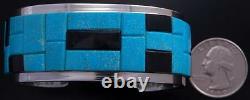 Bracelet En Argent Turquoise & Jet Soft Edge Navajo Inlay Par Tommy Jackson 7a27m