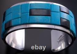 Bracelet En Argent Turquoise & Jet Soft Edge Navajo Inlay Par Tommy Jackson 7a27m
