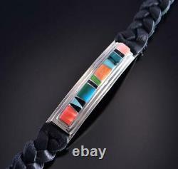 Bracelet En Cuir Inlay Navajo En Argent Et Turquoise Par P. Daniels 1k06t