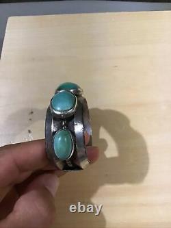 Bracelet Navajo Cuff Lourd Argent Vert Pâle Turquoise Linge De Pion Ancien Vtg
