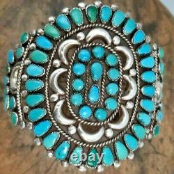 Bracelet Vintage Early Sterling Silver Et Turquoise Petite Point Cluster Cuff