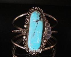 Bracelet de poignet en argent sterling estampillé, Navajo ancien, grand et haut, en turquoise Kingman