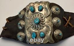 Bracelet de poignet en cuir avec garde de arc en argent allemand, turquoise et ketoh navajo ancien