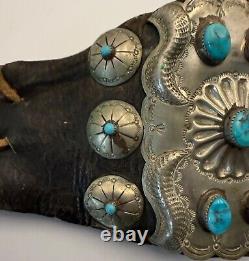 Bracelet de poignet en cuir avec garde de arc en argent allemand, turquoise et ketoh navajo ancien