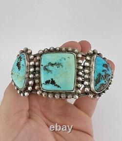 Bracelet en argent de monnaie Navajo des années 1940 avec turquoise Cerrillos 93,5g