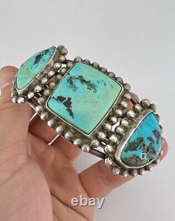 Bracelet en argent de monnaie Navajo des années 1940 avec turquoise Cerrillos 93,5g