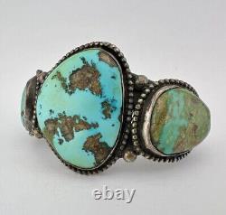 Bracelet en argent de monnaie navajo avec turquoise Cerrillos des années 1940