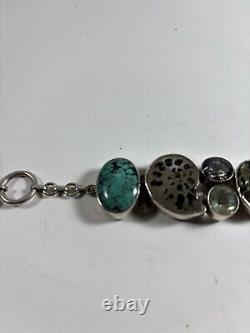 Bracelet en argent sterling SJ 925 Navajo Selina Jake avec 2 grandes turquoises et d'autres gemmes