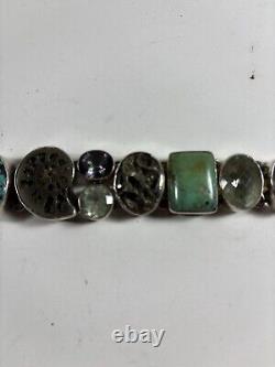 Bracelet en argent sterling SJ 925 Navajo Selina Jake avec 2 grandes turquoises et d'autres gemmes