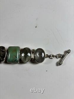 Bracelet en argent sterling SJ 925 Navajo Selina Jake avec 2 grandes turquoises et d'autres gemmes