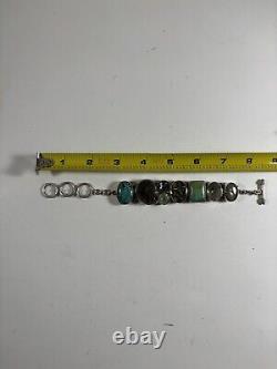 Bracelet en argent sterling SJ 925 Navajo Selina Jake avec 2 grandes turquoises et d'autres gemmes