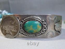Bracelet en argent sterling avec fleur de cactus en turquoise de la mine NAVAJO FOX de l'époque précoce de Fred Harvey