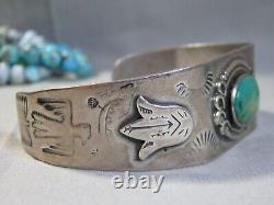 Bracelet en argent sterling avec fleur de cactus en turquoise de la mine NAVAJO FOX de l'époque précoce de Fred Harvey