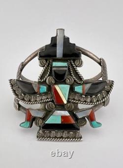 Bracelet large en laiton avec incrustation de plusieurs pierres précieuses Zuni Knifewing de Frank Vacit