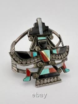 Bracelet large en laiton avec incrustation de plusieurs pierres précieuses Zuni Knifewing de Frank Vacit