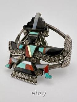 Bracelet large en laiton avec incrustation de plusieurs pierres précieuses Zuni Knifewing de Frank Vacit