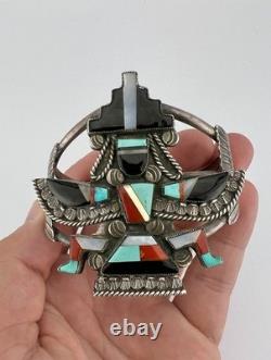 Bracelet large en laiton avec incrustation de plusieurs pierres précieuses Zuni Knifewing de Frank Vacit