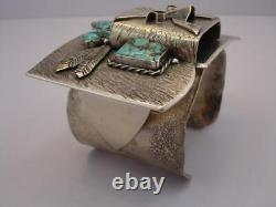 Bracelet manchette en argent sterling de Buddy Lee Mossman avec tête de Kachina en turquoise ANCIEN PRÉCOCE