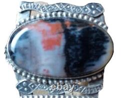 Bracelet manchette en argent sterling navajo antique avec 3 bois pétrifié agate serpent