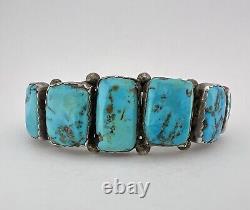 Bracelet manchette en argent sterling navajo des années 1950 avec 7 pierres de turquoise de Morenci - 72g