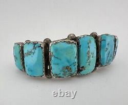 Bracelet manchette en argent sterling navajo des années 1950 avec 7 pierres de turquoise de Morenci - 72g