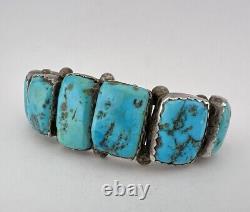 Bracelet manchette en argent sterling navajo des années 1950 avec 7 pierres de turquoise de Morenci - 72g