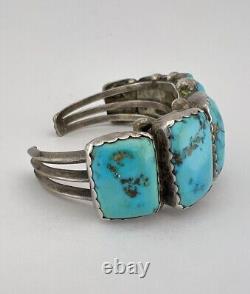 Bracelet manchette en argent sterling navajo des années 1950 avec 7 pierres de turquoise de Morenci - 72g