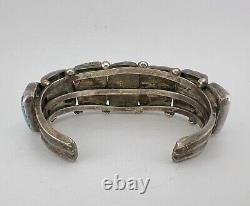 Bracelet manchette en argent sterling navajo des années 1950 avec 7 pierres de turquoise de Morenci - 72g