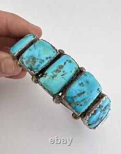 Bracelet manchette en argent sterling navajo des années 1950 avec 7 pierres de turquoise de Morenci - 72g