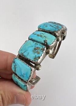 Bracelet manchette en argent sterling navajo des années 1950 avec 7 pierres de turquoise de Morenci - 72g