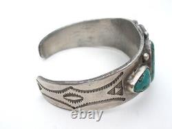 Bracelet manchette en argent sterling orné de cinq pierres de turquoise Navajo fait main de collection vintage précoce