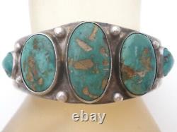 Bracelet manchette en argent sterling orné de cinq pierres de turquoise Navajo fait main de collection vintage précoce