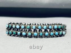 Bracelet manchette en argent sterling turquoise Zuni vintage des années 1900