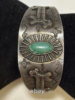 Bracelet manchette en argent sterling turquoise avec motif de cheval et serpent de l'ère précoce de Fred Harvey Navajo