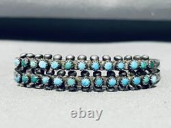 Bracelet manchette en argent sterling turquoises Zuni vintage du début des années 1900