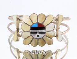 Bracelet manchette vintage en argent sterling Zuni avec visage de soleil en nacre