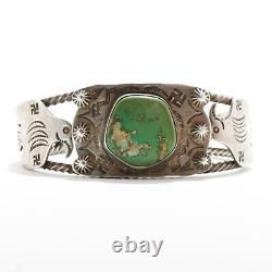 Bracelet rigide en argent sterling et turquoise Early Old Pawn avec Thunderbird et Whirling Log 6.75