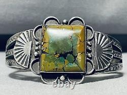 Bracelet vintage Navajo en argent sterling avec turquoise verte du début du siècle