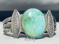 Bracelet vintage Navajo en argent sterling et turquoise à motif de flare vertical précoce