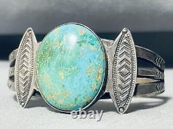 Bracelet vintage Navajo en argent sterling et turquoise à motif de flare vertical précoce