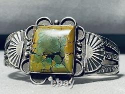 Bracelet vintage en argent sterling avec turquoise verte Navajo du début du siècle