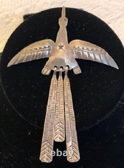 Broche ancienne en argent sterling des premiers Amérindiens Navajo avec motif de Peyote et Oiseau d'Eau