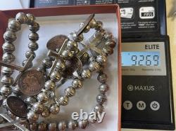 COLLIER CROIX EN ARGENT ISLETA PUEBLO NATIVE AMÉRICAIN ANCIEN AVEC PERLES DE SINEW NAVAJO