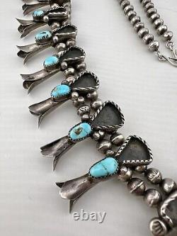 Collier Squash Blossom en argent sterling Navajo avec turquoise naturelle des années 1940