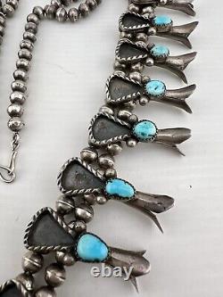 Collier Squash Blossom en argent sterling Navajo avec turquoise naturelle des années 1940