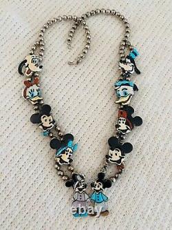 Collier en argent sterling Disney Mickey Minnie signé par Andrea Lonjose, Zuni amérindien